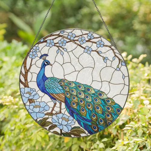 Majestic Peacock Floral Bloom - Home Decor Gift for Wildlife Lover Stained Glass Suncatcher