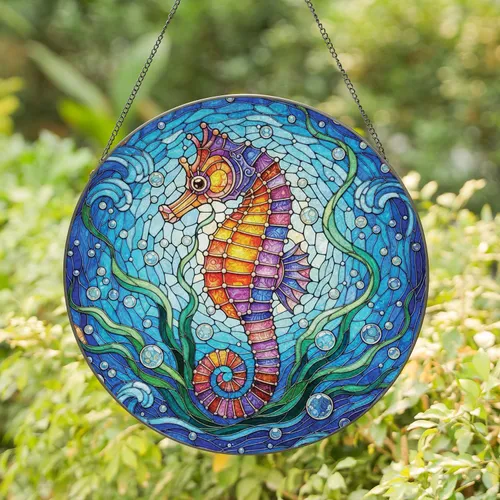 S-Shape Seahorse Ocean Waves Seaweed Bubbles - Home Decor Gift for Marine Life Lover Stained Glass Suncatcher