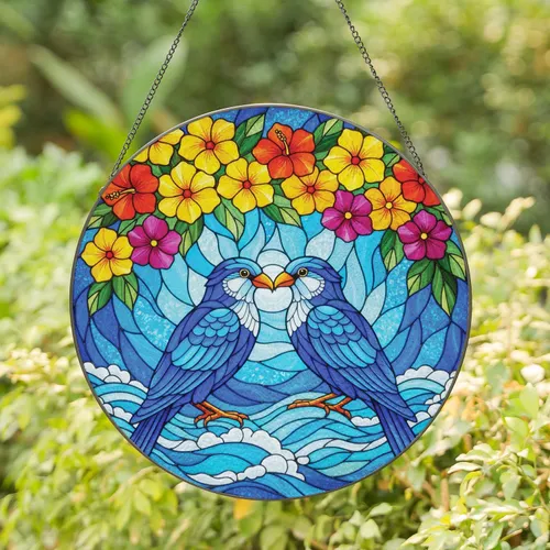 Two Blue Birds Tropical Flowers Ocean Waves - Home Decor Gift for Bird Lover Stained Glass Suncatcher