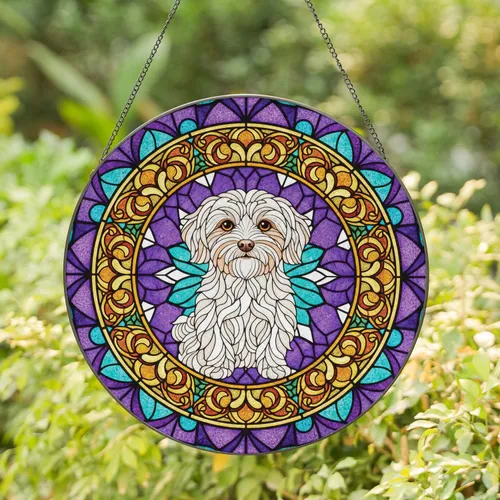 White Maltese Dog Floral Stained Glass - Home Decor Gift for Dog Lover Stained Glass Suncatcher