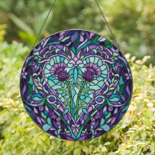 Purple Thistles Heart Border - Home Decor Gift for Floral Lover Stained Glass Suncatcher