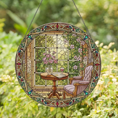 Sunlit Garden Window Pink Roses Floral Border - Home Decor Gift for Garden Lover Stained Glass Suncatcher