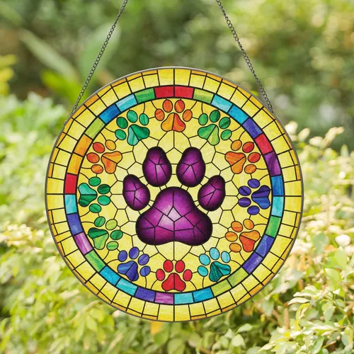 Central Paw Print with Circular Paw Print Mosaic - Window Decor Gift for Pet Lovers Stained Glass Suncatcher