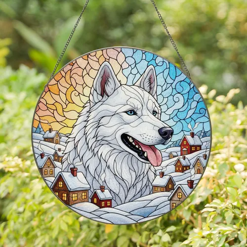White Husky Dog Winter Village - Home Decor Gift for Dog Lovers Stained Glass Suncatcher