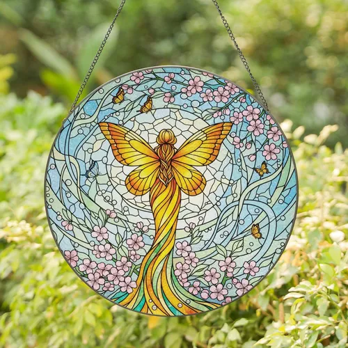 Majestic Fairy Butterfly Wings Cherry Blossom Garden - Home Decor Gift Stained Glass Suncatcher