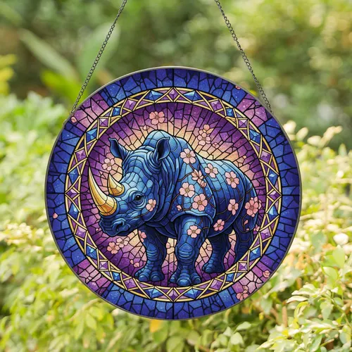 Dark Blue Rhinoceros Floral Golden Horn - Home Decor Gift for Wildlife Lover Stained Glass Suncatcher
