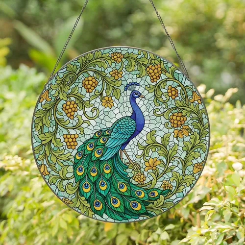 Majestic Peacock Fanned Tail Plumes Botanical Vines - Wildlife Home Decor Gift for Nature Lovers Stained Glass Suncatcher