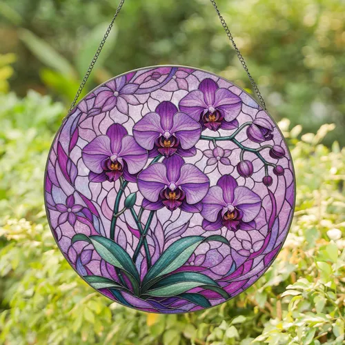 Purple Phalaenopsis Orchid Blossom Mosaic - Home Decor Gift for Plant Lover Stained Glass Suncatcher