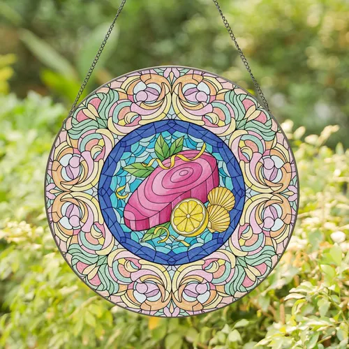 Magenta Pink Tuna Steak Yellow Lemon Green Leaves Scallop Shells - Home Decor Gift Stained Glass Suncatcher
