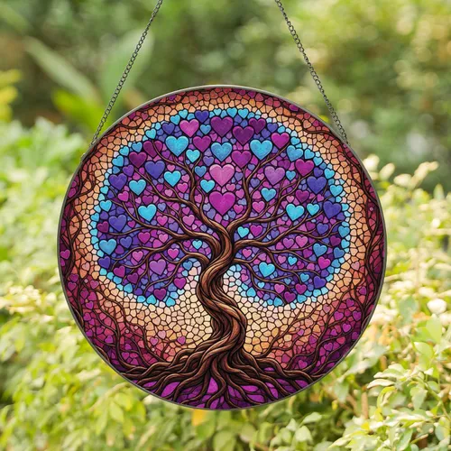 Gnarled Branches Glowing Hearts Tiffany Stained Glass Tree - Luminous Home Decor Gift Stained Glass Suncatcher