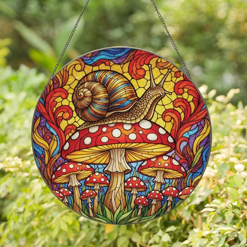 Snail Toadstool Mushroom Botanical - Home Decor Gift for Garden Lover Stained Glass Suncatcher