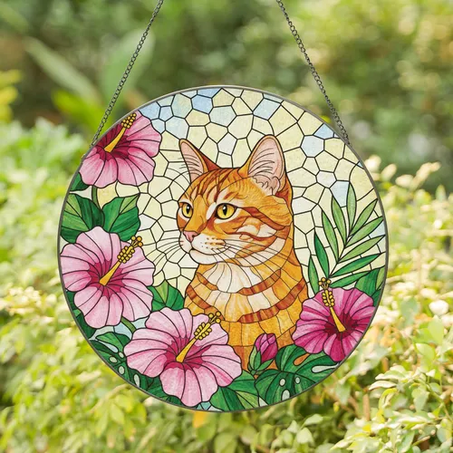 Regal Ginger Tabby Cat Hibiscus - Home Decor Gift for Cat Lover Stained Glass Suncatcher