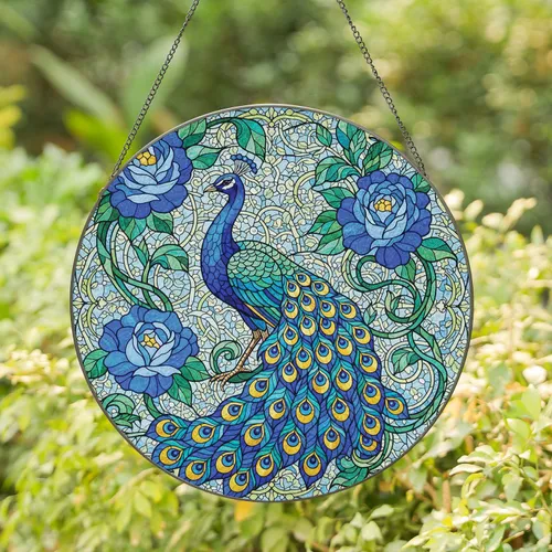 Peacock Fanned Tail Blue Rose Green Leaf - Wildlife Lover Home Decor Gift Stained Glass Suncatcher