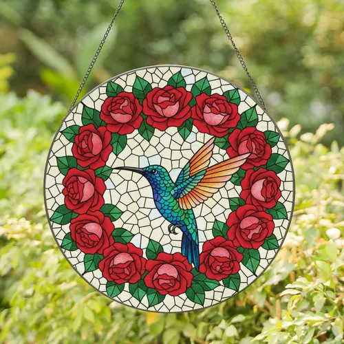 Blue-Green Iridescent Hummingbird Lush Red Roses - Wildlife Home Decor Gift for Gardeners Stained Glass Suncatcher