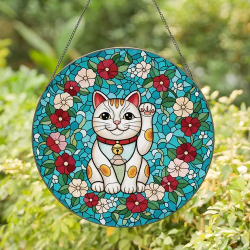Welcoming Maneki-neko Cat Tiffany Stained Glass Floral Mosaic - Home Decor Gift for Cat Lover Stained Glass Suncatcher