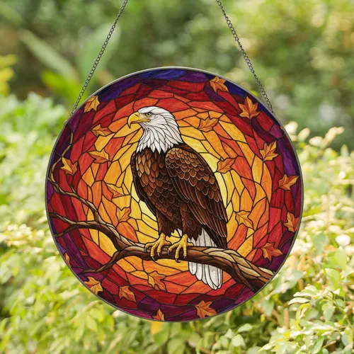 Bald Eagle Perched Tree Branch Autumn Leaves Sunset Sky - Nature Lover Gift Stained Glass Suncatcher