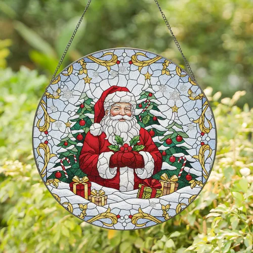 Santa Claus Snow Covered Christmas Trees Gifts - Christmas Holiday Decor Gift Stained Glass Suncatcher