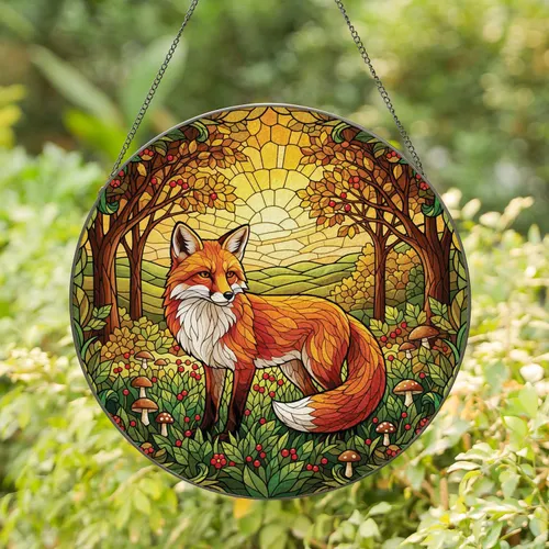 Red Fox Grassy Field Autumn Forest - Wildlife Lover Home Decor Gift Stained Glass Suncatcher