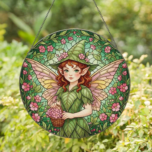 Childlike Fairy Pink Yellow Wings Green Hat Flowers Garden Landscape - Home Decor Gift Stained Glass Suncatcher