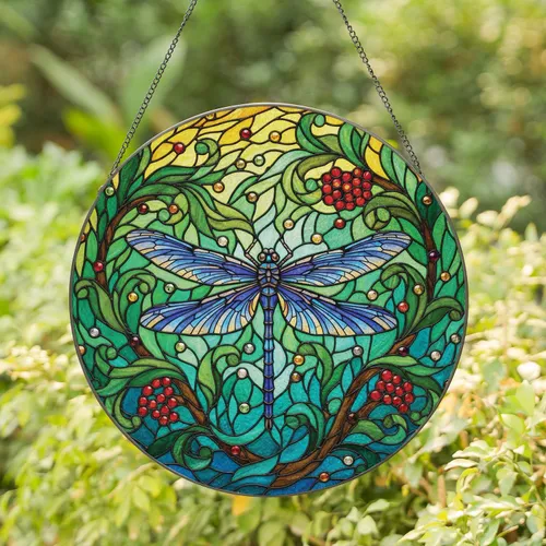 Dragonfly Organic Leaves Berries Jewels - Home Decor Gift for Nature Lovers Stained Glass Suncatcher