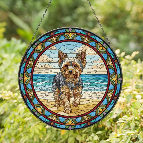 Yorkshire Terrier Beach Ocean Waves Sandy Shore Floral - Home Decor Gift for Dog Lover Stained Glass Suncatcher