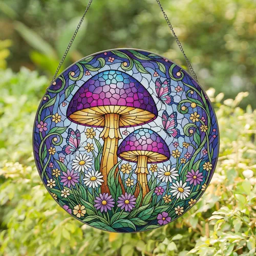 Mosaic Mushroom Butterfly Garden - Home Decor Gift for Garden Lover Stained Glass Suncatcher