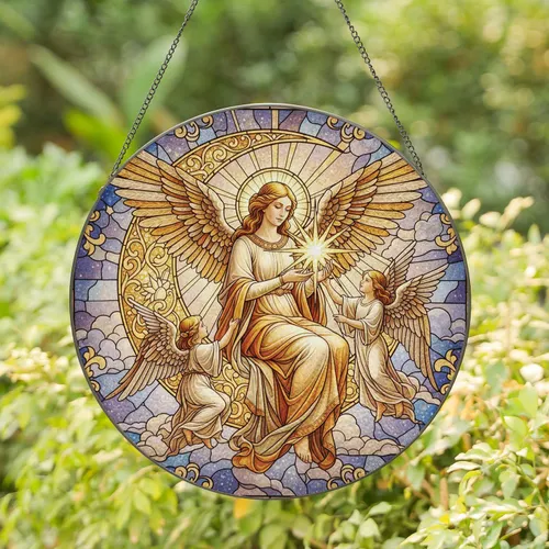 Winged Angel Crescent Moon Starburst Starlight Cloud Wisps - Home Decor Gift Stained Glass Suncatcher