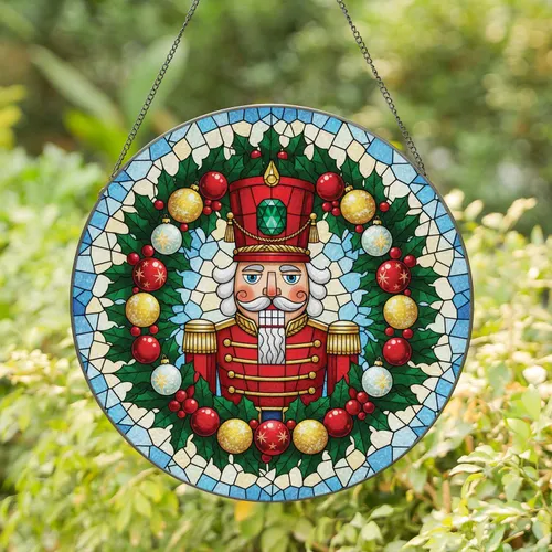 Nutcracker Soldier Holly Wreath Christmas Ornament Home Decor Stained Glass Suncatcher