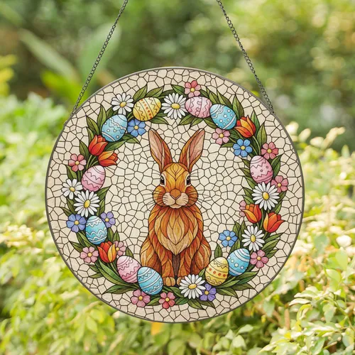 Brown Rabbit Easter Eggs Lush Circular Floral Garland - Spring Home Decor Gift Stained Glass Suncatcher