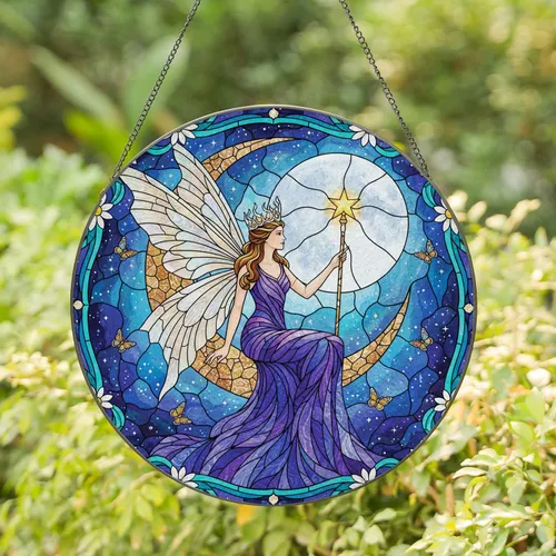 Fairy Queen Crescent Moon Full Moon Cosmic Nebula - Home Decor Gift for Fantasy Lover Stained Glass Suncatcher