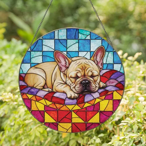 Sleeping Fawn French Bulldog Patchwork Mosaic - Home Decor Gift for Dog Lover Stained Glass Suncatcher
