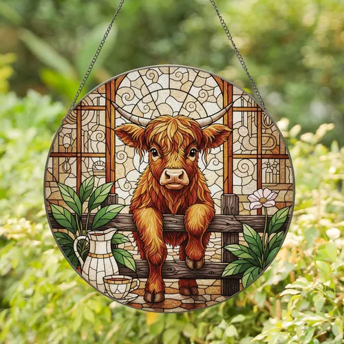 Highland Calf Rustic Fence Potted Plants Kitchenware - Farmhouse Decor Gift for Cow Lover Stained Glass Suncatcher