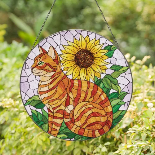 Ginger Tabby Cat Sunflower Foliage Home Decor Gift for Cat Lover Stained Glass Suncatcher