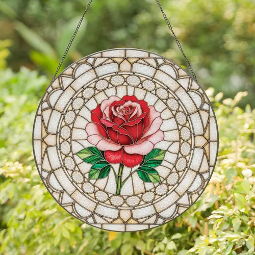 Rose Translucent Mosaic Circular Border - Floral Home Decor Gift for Rose Lover Stained Glass Suncatcher