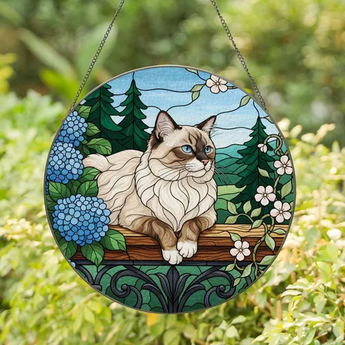 Ragdoll Cat Hydrangea Pink Blossoms Evergreen Landscape - Home Decor Gift for Cat Lover Stained Glass Suncatcher