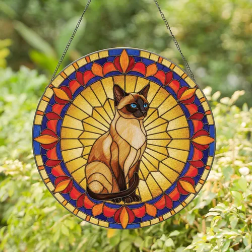 Regal Blue Eyed Siamese Cat Amber Sunburst Teardrop - Home Decor Gift for Cat Lover Stained Glass Suncatcher