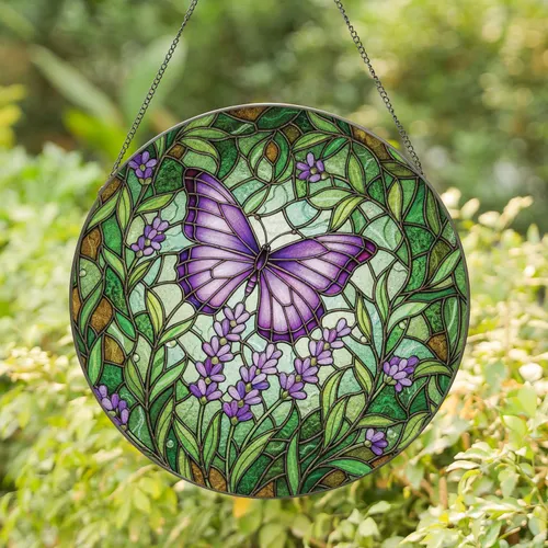 Purple Butterfly Flowers - Home Decor Gift for Butterfly Lover Stained Glass Suncatcher