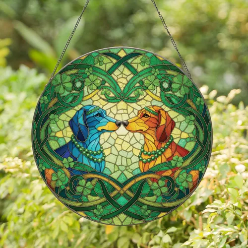 Dachshund Dogs Celtic Knotwork Shamrocks - Home Decor Gift for Dog Lover Stained Glass Suncatcher