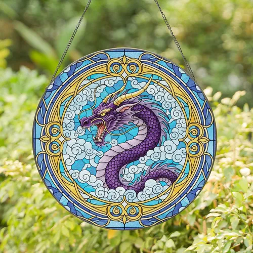 Majestic Purple Dragon Golden Horns - Home Decor Gift for Dragon Lover Stained Glass Suncatcher