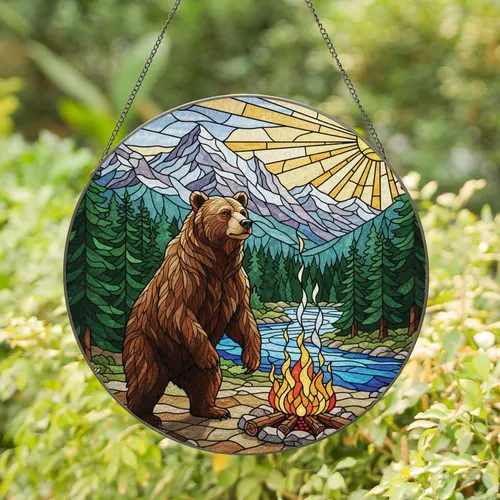 Grizzly Bear Campfire River Pine Forest Snow Mountain Sun - Home Decor Gift Stained Glass Suncatcher