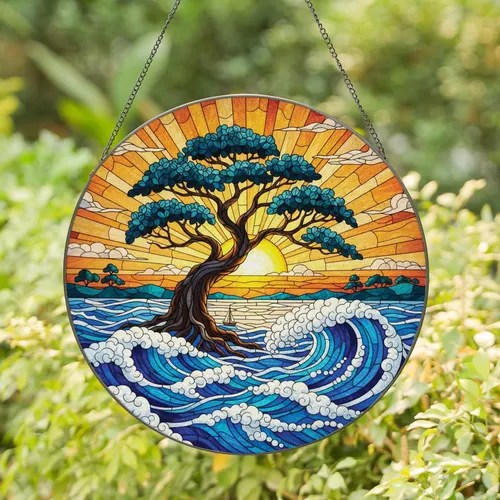 Gnarled Tree Ocean Wave Sunrise Sunset - Home Decor Gift for Nature Lover Stained Glass Suncatcher