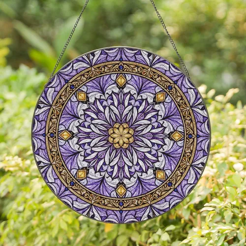 Golden Starburst Mandala Lavender Petals Amber Diamonds Blue Jewels - Home Decor Gift Stained Glass Suncatcher
