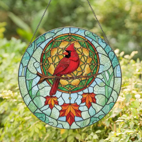 Red Cardinal Dreamcatcher Autumn Leaves - Home Decor Gift for Bird Lovers Stained Glass Suncatcher