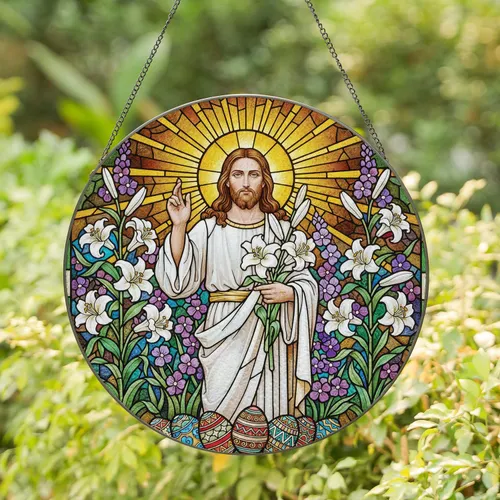 Jesus Easter Lilies Sunburst - Easter Home Decor Gift for Believers Stained Glass Suncatcher