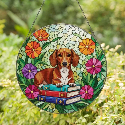 Dachshund Resting on Books Colorful Floral Blooms Garden Foliage - Home Decor Gift for Dog Lover Stained Glass Suncatcher