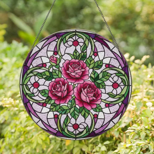Pink Roses Rosebud Foliage Mosaic - Home Decor Gift for Garden Lover Stained Glass Suncatcher