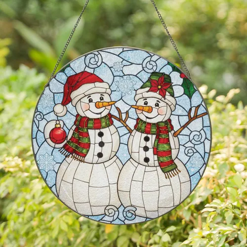 Snowmen Santa Hat Poinsettia Holly Berries Snowflakes - Winter Holiday Decor Stained Glass Suncatcher