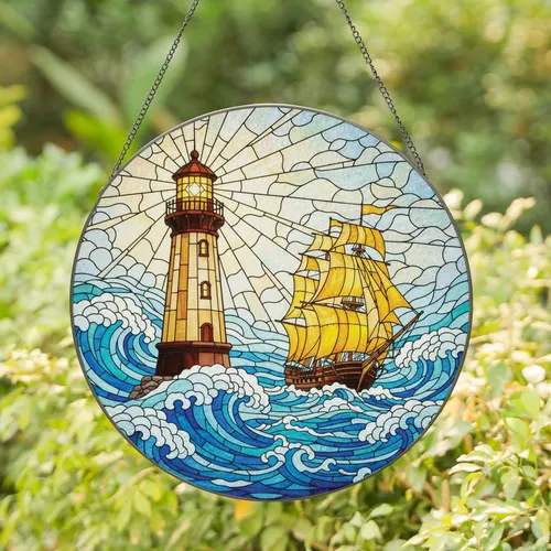 Luminous Lighthouse Multi-Masted Ship Cresting Ocean Waves - Home Decor Gift for Sea Lover Stained Glass Suncatcher