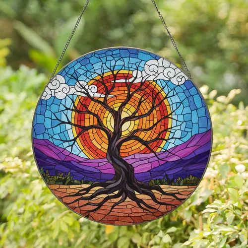 Gnarled Tree Sun Silhouette Mountains - Home Decor Gift for Plant Lovers Stained Glass Suncatcher