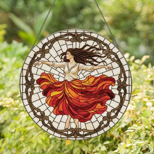 Windswept Dancing Woman Fiery Skirt Dark Metal Scroll - Home Decor Gift for Dancers Stained Glass Suncatcher